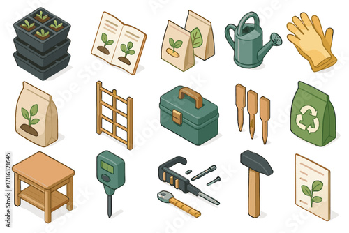 Manual trellis garden potting planting icon compost diy tool packets vector vertical