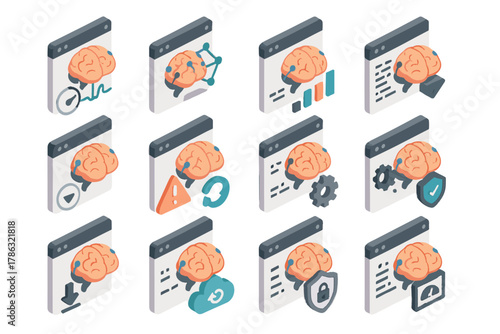 Icon data signal interface vector brain programming user computer notification system security