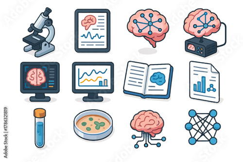 Research brain neural microscope computer ai data vector scan scientific lab icon