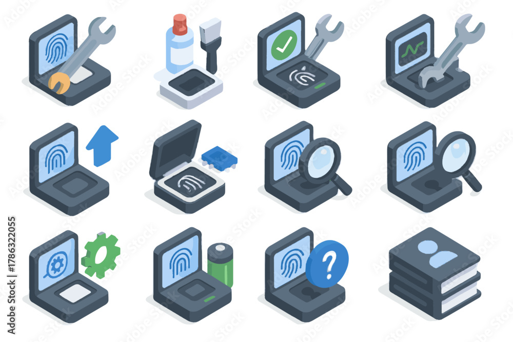 Fototapeta premium Guide maintenance repair biometric cleaning icon test vector replacement troubleshooting kit diagnostic