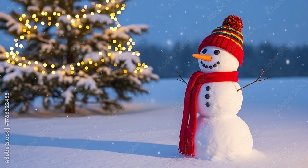 Fototapeta premium Cute snowman with red scarf and hat standing in a snowy landscape