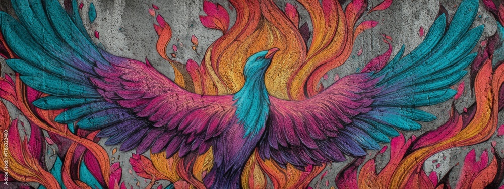 Obraz premium Colorful Phoenix Rising from Flames in Street Art Graffiti Mural with Vibrant Artistic Expression