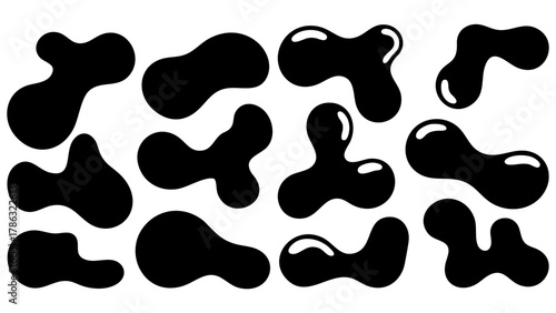 Modern black fluid shapes on white background create dynamic abstract pattern for trendy designs, perfect for branding, web design, and artistic backgrounds