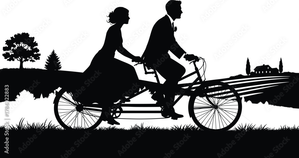Obraz premium Romantic couple riding tandem bicycle, love silhouette illustration, countryside landscape scene, vintage wedding concept art, relationship journey, flat vector design