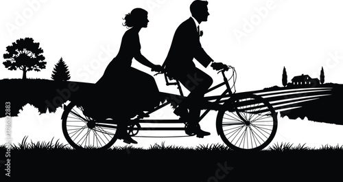 Romantic couple riding tandem bicycle, love silhouette illustration, countryside landscape scene, vintage wedding concept art, relationship journey, flat vector design