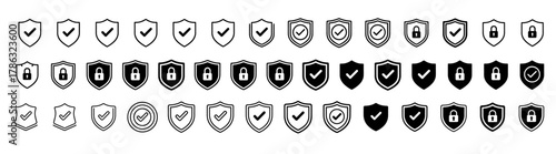 Security shield icon set. Shield check mark symbols. Protection and padlock logotypes. Vector illustration. 