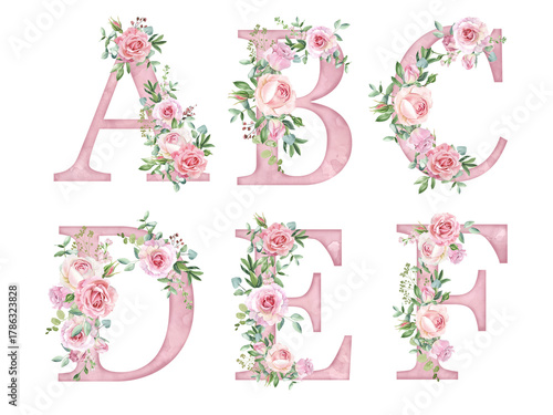 Watercolor pink roses flowers letter set, alphabet for card design, initials, monogram print.