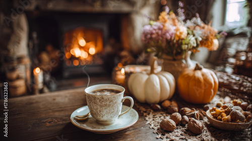 Warm Thanksgiving atmosphere with coffee, pumpkins, nuts, and fireplace glow