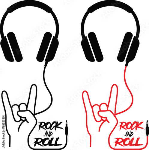 Rock and roll music with headphones and hand sign vectors art