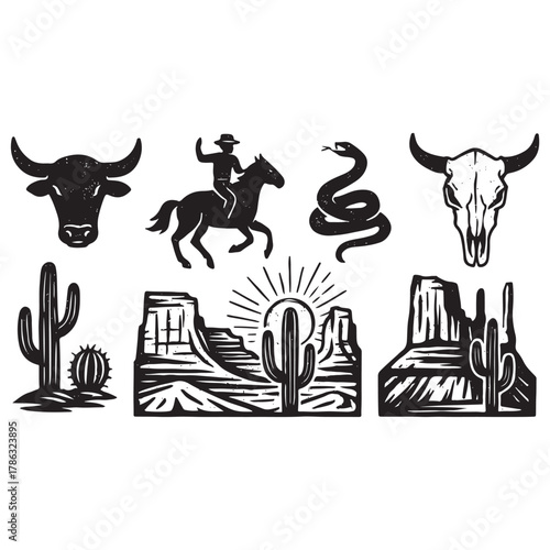 Linocut western boho set vector silhouette