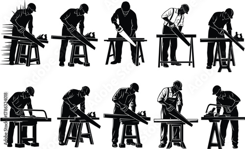 Carpenter working with wood, woodworking tools, craftsman cutting timber, construction workshop, carpentry process, builder handcraft skill, labor profession flat vector