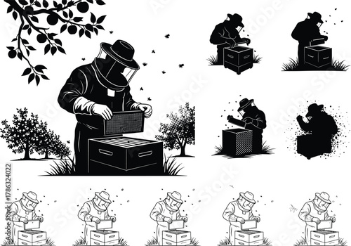 Beekeeper working with honey bees, apiary farming process, protective suit, nature garden scene, honey production concept illustration, flat vector artwork