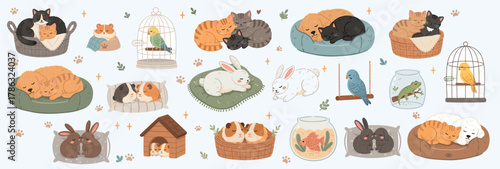 Cozy Pet Companions Vector Illustrations — Warm Domestic Flat Style