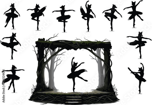 Ballet dancer silhouette performing on forest stage, graceful dance movement, fairy ballerina, nature performance art, fantasy theater, flat vector illustration