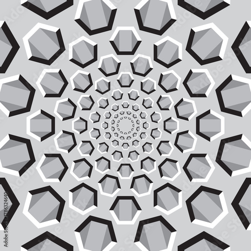 radial optical illusion made from group of hexagon shape, black and white vector illustration