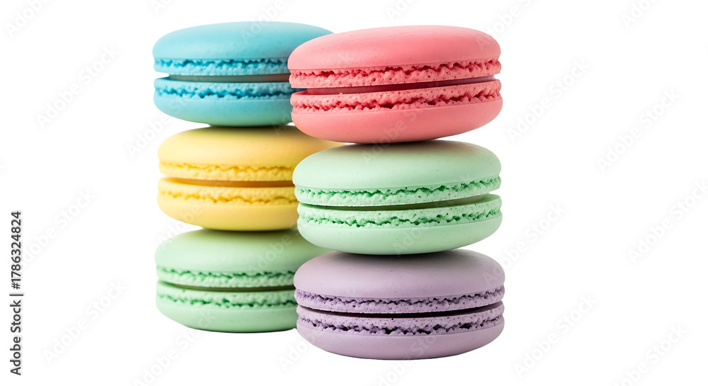 Obraz premium Delightful tower of pastel macarons, a sweet treat for any celebration or indulgence, offering vibrant colors and delicate textures for irresistible culinary appeal.