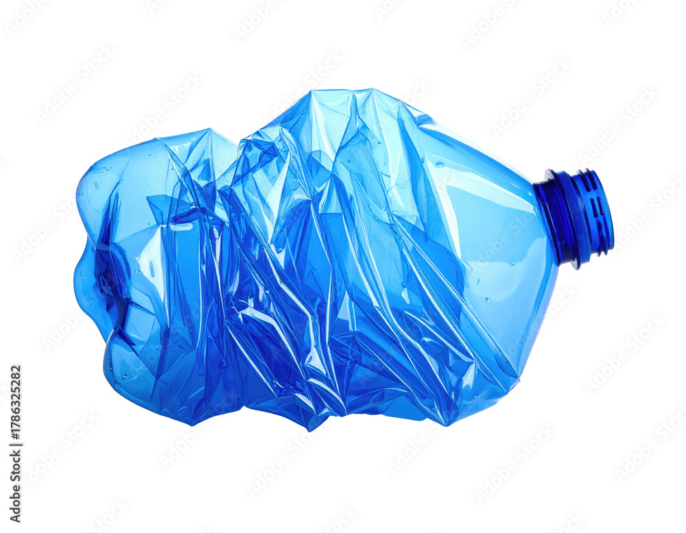 Fototapeta premium A crushed, translucent, blue plastic bottle, laying horizontally against a black background