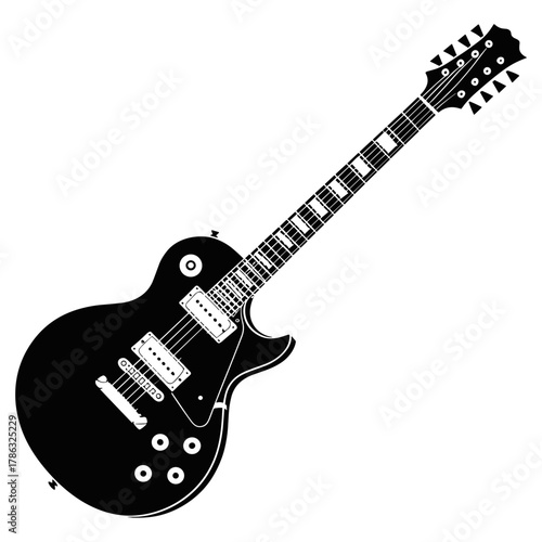 Electric Guitar Silhouette: A sleek, classic electric guitar silhouette stands out boldly, highlighting its intricate design and iconic form in a minimalist art. 
