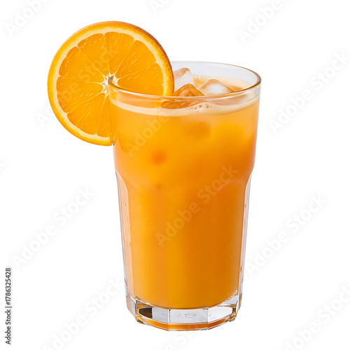 Refreshing vibrant orange juice with fresh orange slice and ice cubes in a tall glass, perfect for a healthy breakfast or a cool summer drink.