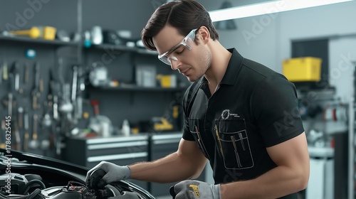 A technician wearing a black shirt and safety glasses, standing on a service lift while inspecting the engine bay of a car, with tool chests, air compressors, and workbenches