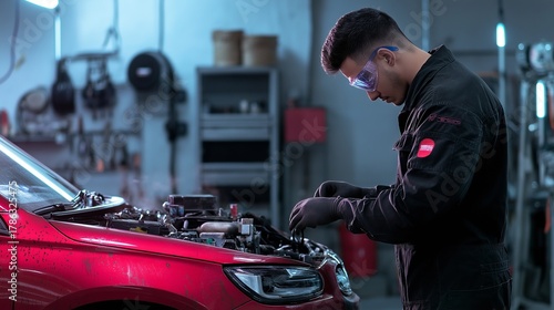 A technician wearing a black shirt and safety glasses, standing on a service lift while inspecting the engine bay of a car, with tool chests, air compressors, and workbenches