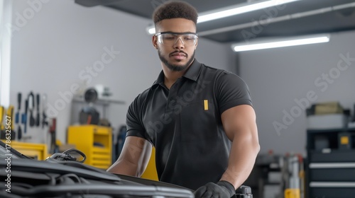 A technician wearing a black shirt and safety glasses, standing on a service lift while inspecting the engine bay of a car, with tool chests, air compressors, and workbenches