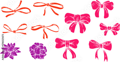 Set of hand drawn colorful bow knots with ribbon various form. Cartoon design elements for holiday gift wedding, birthday, party. Collection vector illustration.