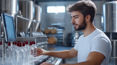 A technician, monitoring a wine filtration process on a computer screen, production line where bottles are being filled, with rows of neatly stacked wine barrels and stainless steel tanks