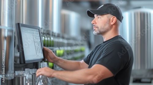 A technician, monitoring a wine filtration process on a computer screen, production line where bottles are being filled, with rows of neatly stacked wine barrels and stainless steel tanks