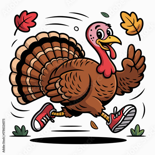 Turkey Trot in Autumn: An animated turkey strides with gusto, decked out in sneakers, amidst falling leaves, embodies the spirit of autumn and the joy of a good run.