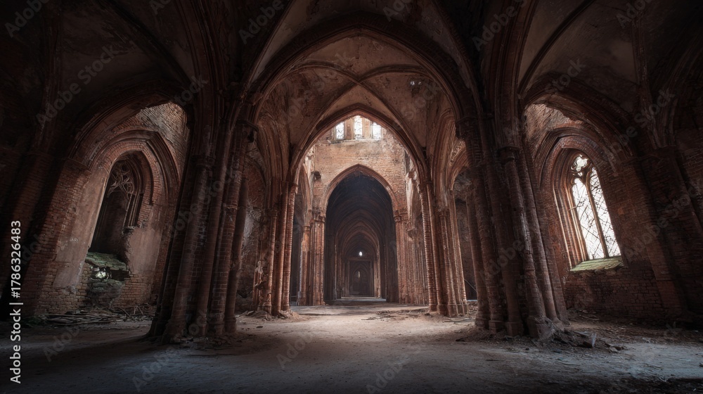 Fototapeta premium Inside Abandoned Cathedral with Gothic Archways and Dramatic Lighting in an Eerie Setting