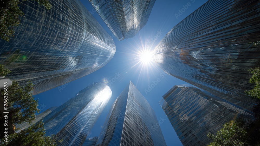 Naklejka premium Majestic View of Towering Skyscrapers with Lens Flare from Below Under Bright Sunlight