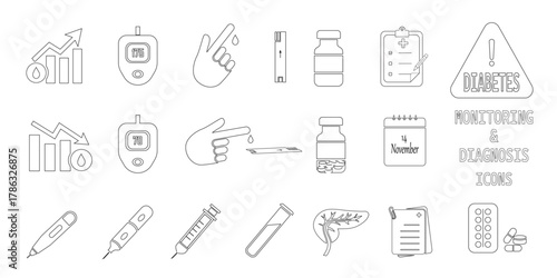 Diabetes and healthcare concept line icons. outline style vector illustration for blood sugar symbol, health care surgical, medical equipment for diabetes awareness and healthy lifestyle( Isolated)