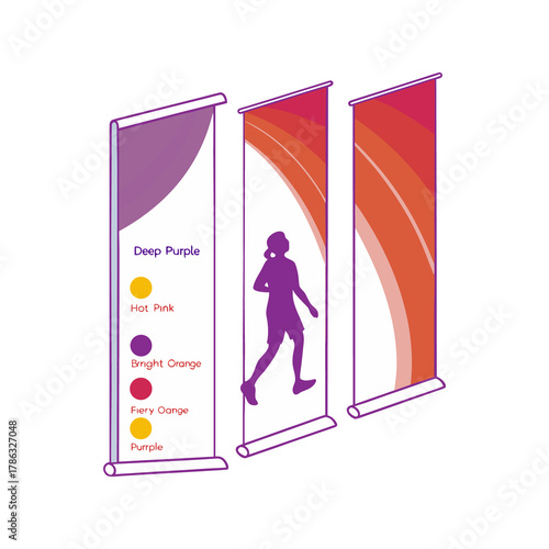Three modern roll up banner stands with abstract colorful graphics and a running figure silhouette