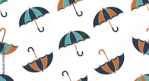 Pattern of colorful umbrellas in various shades of blue, brown, and teal, open and closed, suggesting protection from rain or sun.