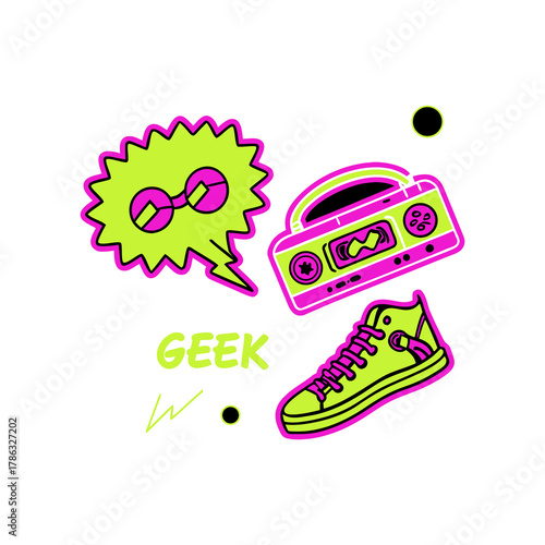Retro 1980s pop culture icons including sunglasses boombox and high top sneaker with the word geek