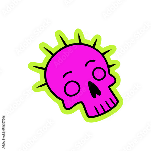 Vibrant pink skull with neon green spiky aura and expressive eyes