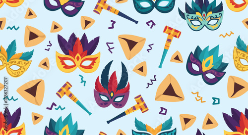 Pattern for Purim celebration featuring masks, graggers (noisemakers), and hamantaschen cookies, in vibrant colors on a light blue background.