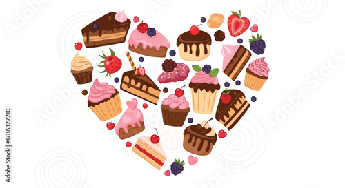 Heart-shaped arrangement of various cakes, cupcakes, berries, and pastries, representing love for sweets and desserts.