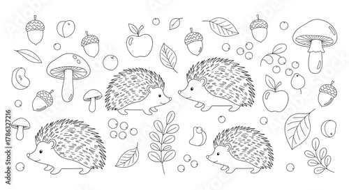 Whimsical line art collection of hedgehogs, mushrooms, acorns, leaves, and apples, evoking an autumn forest theme with cute characters.