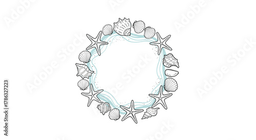 A circular arrangement of delicate line drawings depicts various seashells and starfish on a sandy shore, evoking a serene beachside aesthetic with a wavy blue border.
