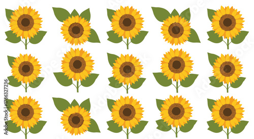A repeating pattern of bright yellow sunflowers with green leaves, presented in a grid formation, radiates warmth and cheerfulness, perfect for sunny themes.