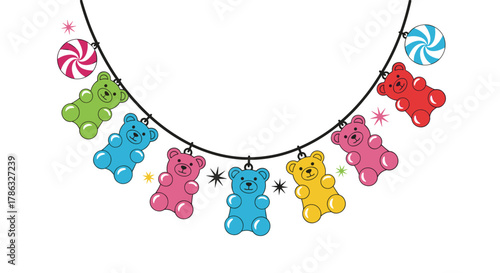 A delightful garland of colorful gummy bear-shaped charms hangs against a white background, interspersed with star shapes and swirling candies for a festive feel.