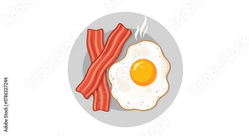 A classic breakfast plate features a perfectly fried egg with a vibrant yolk and two strips of crispy bacon, served with a hint of steam rising, a delicious morning meal.