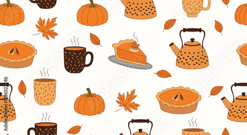 A warm and cozy autumn pattern displays pumpkins, slices of pumpkin pie, steaming mugs of hot beverages, and falling maple leaves, capturing the essence of fall.