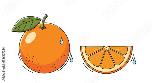 A bright orange rests next to a juicy slice, both adorned with subtle droplets and wavy lines, evoking a refreshing and zesty citrus theme.