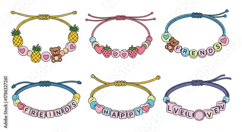 A collection of charming DIY friendship bracelets, adorned with beads, teddy bears, strawberries, and letters spelling 'FRIENDS' and 'HAPPY', perfect for gifting.