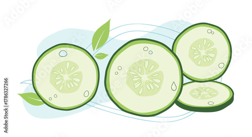 Freshly sliced cucumbers with visible seeds and a hint of green leaves are artfully arranged on a white background, accented by subtle blue wavy lines and droplets.