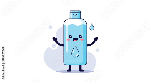 An adorable anthropomorphic bottle of liquid soap, with a cute happy face and outstretched arms, stands on a white background with blue bubbly accents.