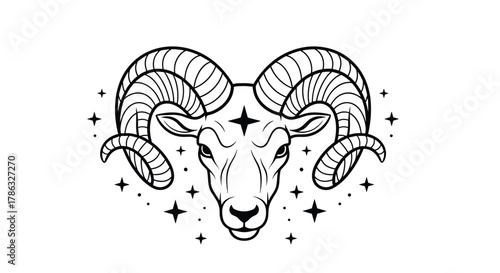 A striking black and white line drawing of an Aries ram's head, adorned with stars and celestial elements, represents the astrological sign with bold symbolism.